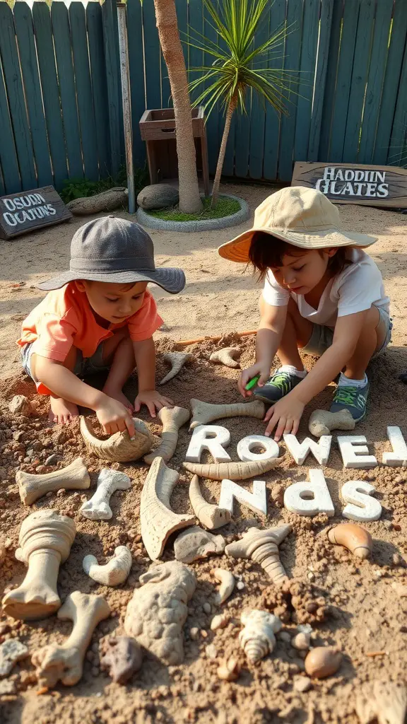 19 Fun Outdoor Birthday Party Ideas for Kids 11 Children digging in a sandbox filled with dinosaur bones and fossils