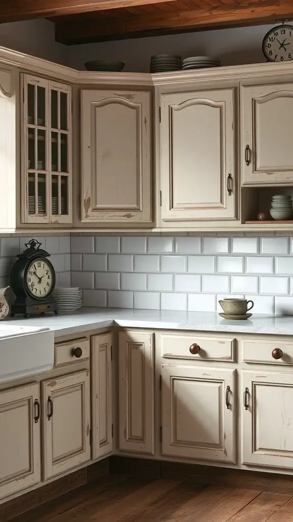 25 Inspiring Country Farmhouse Kitchen Ideas You’ll Love 4 A cozy farmhouse kitchen featuring distressed cream-colored cabinets, a rustic clock, and vintage dishware.