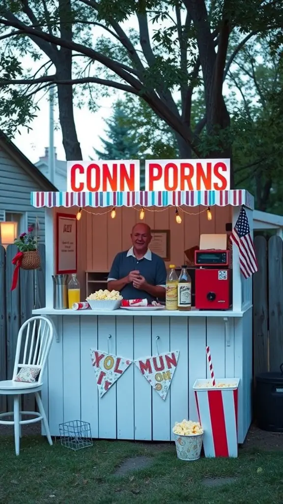 19 Creative Ideas for Epic Backyard Movie Nights 11 A DIY concession stand with a smiling vendor serving popcorn and drinks in a backyard.