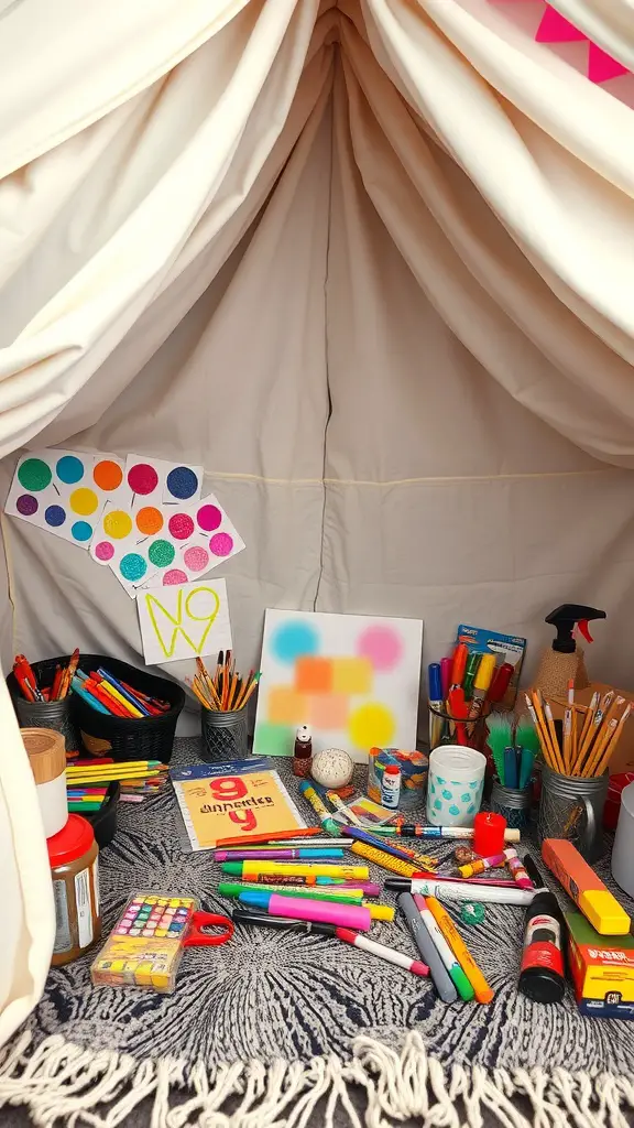 23 Creative Blanket Fort Ideas for Ultimate Cozy Fun 11 A cozy DIY craft fort filled with colorful art supplies and creative materials.