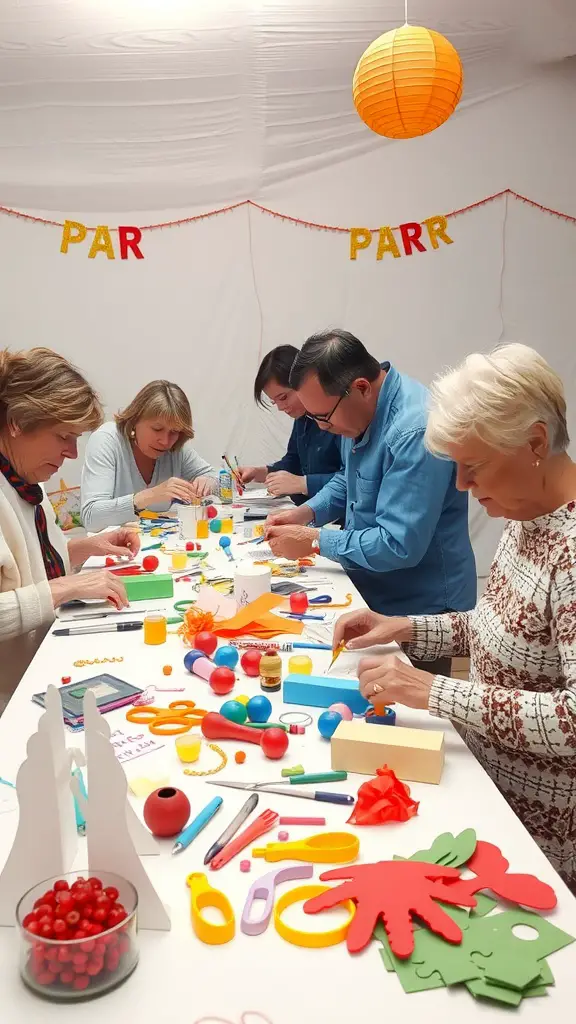 19 Fun Games for Adults to Enjoy at Your Next Gathering 10 A group of adults engaged in a DIY craft party, working on various colorful craft projects at a table.