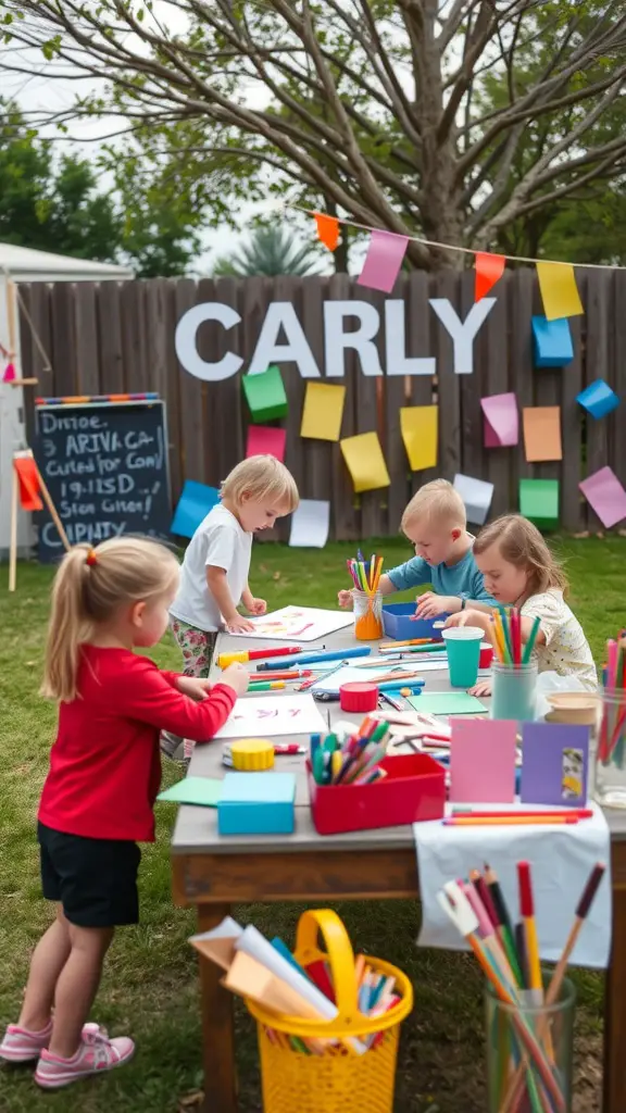 Kids enjoying a DIY craft station at a backyard party