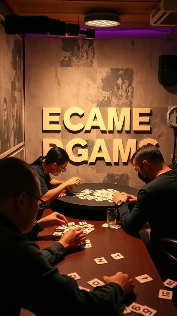 Group of people playing an escape room game with letters and cards on a table.