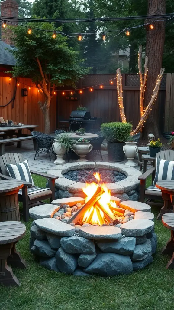 19 Stunning Backyard Oasis Ideas on a Budget 9 A cozy backyard with a stone fire pit surrounded by chairs and string lights.