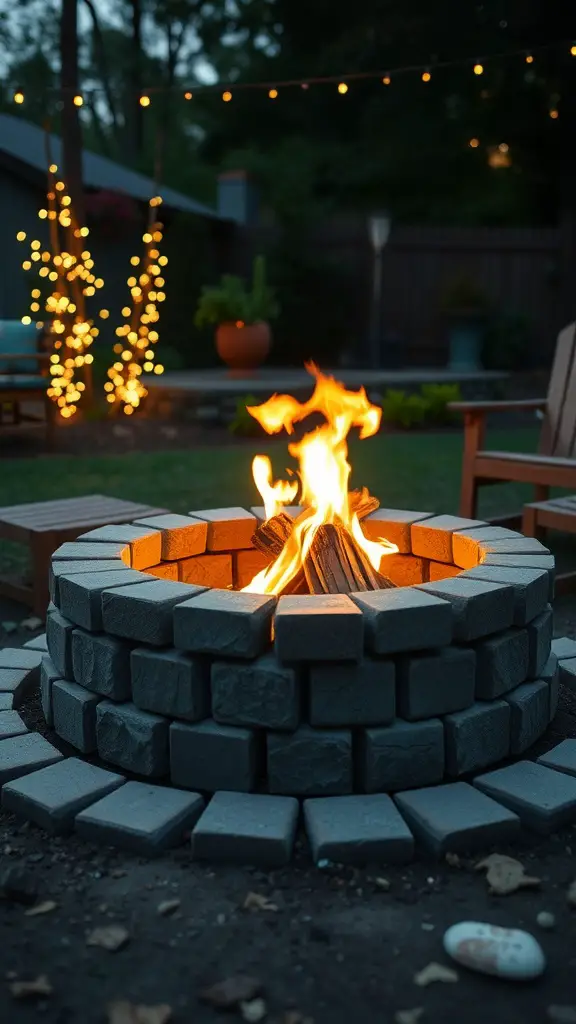 A cozy backyard fire pit made with pavers, surrounded by chairs and string lights, showcasing a warm fire.