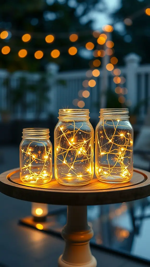 23 Affordable Backyard Patio Ideas to Transform Your Outdoor Space 12 Three mason jars filled with fairy lights on a wooden table, glowing softly in the evening.