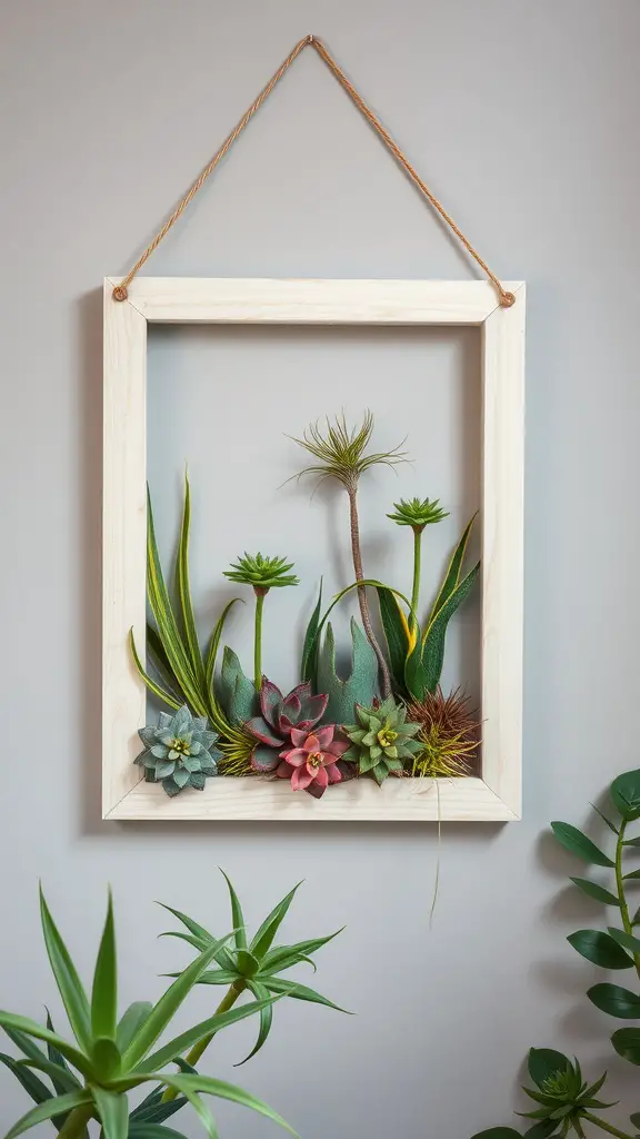 21 Stunning Indoor Plant Wall Designs Featuring Succulents 4 A wooden frame with a variety of air plants and succulents arranged beautifully.
