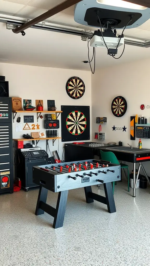 27 Creative Garage Hangout Ideas for Ultimate Chill Time 6 A DIY game zone in a garage featuring a foosball table and dartboards on the wall.