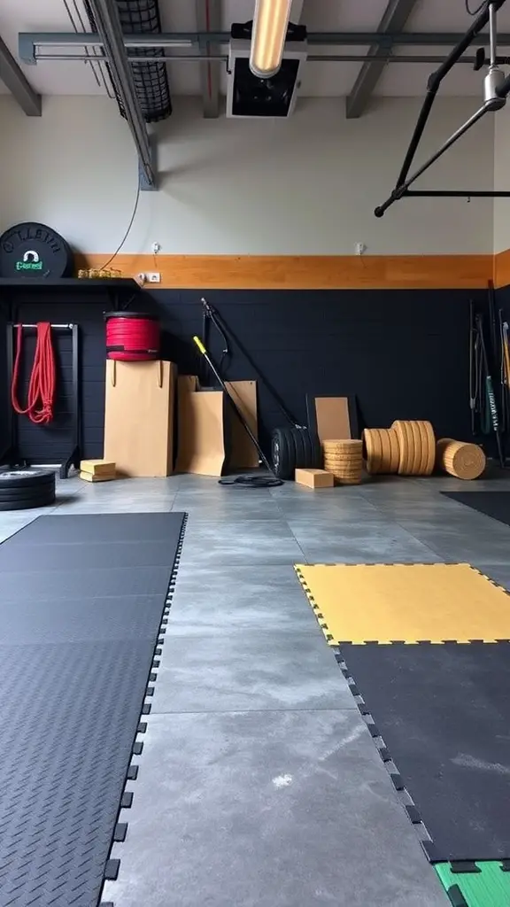 21 Inspiring Garage Gym Ideas for Your Home Workout Space 8 A garage gym with mixed flooring featuring black rubber mats and colorful interlocking tiles.