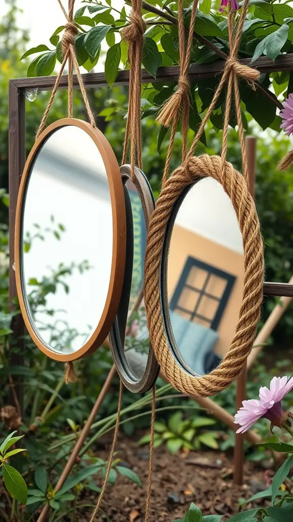 21 Stunning Garden Mirror Ideas to Transform Your Outdoor Space 5 Two hanging mirrors with one wooden framed and the other wrapped in rope, surrounded by greenery.
