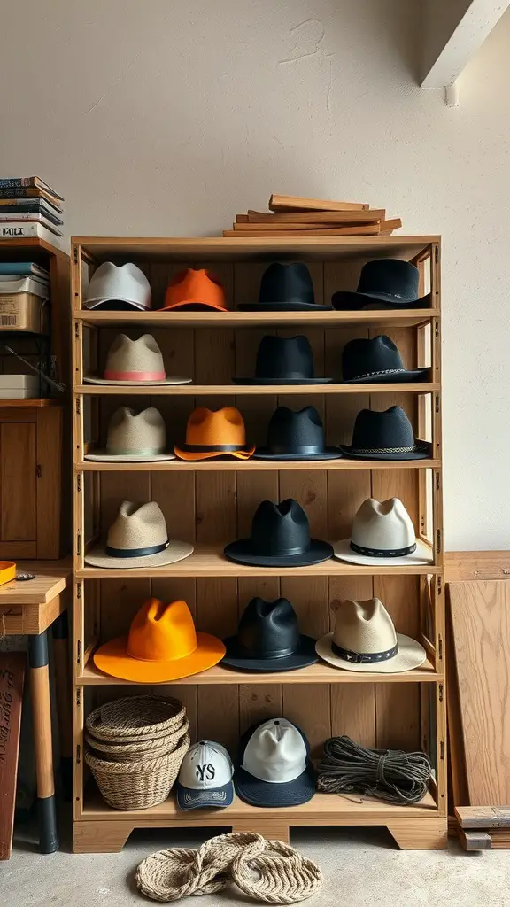 19 Creative Hat Storage Ideas for Every Space 8 Wooden shelf displaying various hats and accessories, organized neatly