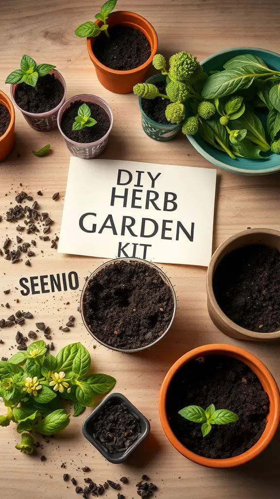 23 Creative Indoor Herb Garden Ideas to Freshen Up Your Space 12 A DIY herb garden kit setup with pots, soil, and fresh herbs.