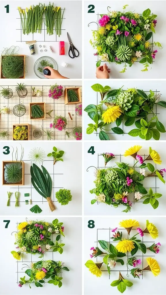 25 Stunning Floral Indoor Plant Wall Ideas for Your Home 12 Step-by-step guide to creating a floral indoor plant wall, showing materials and arrangement process.