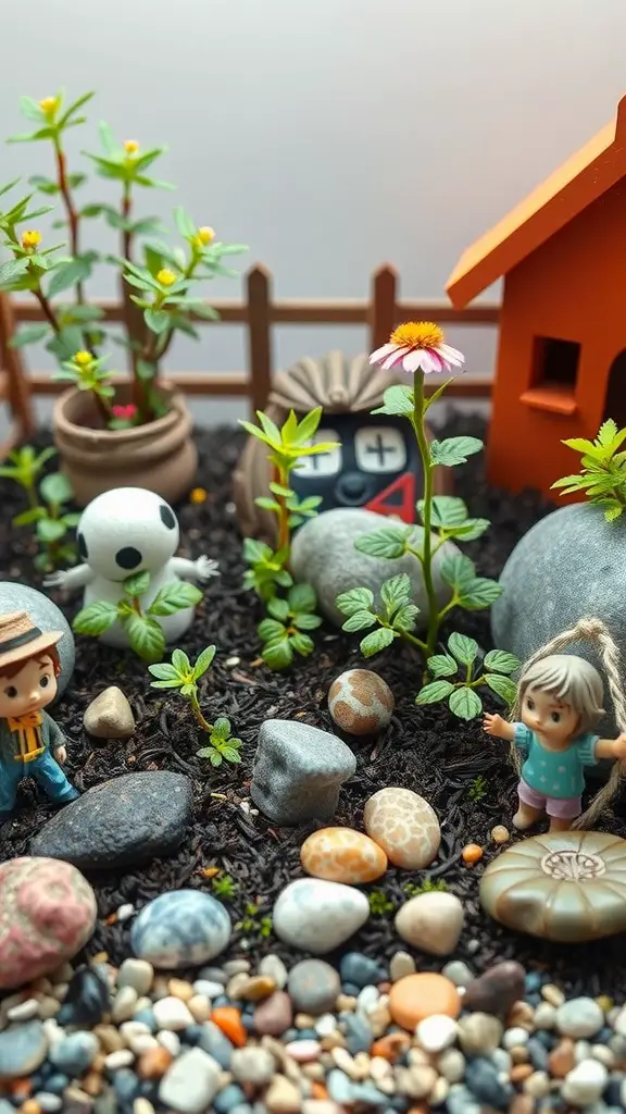 13 Creative Yard Ideas for Kids to Explore and Enjoy 2 A colorful miniature garden scene featuring small figures, plants, and decorative stones.