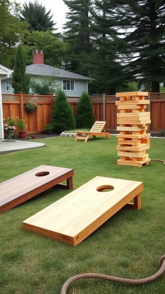 19 Stunning Backyard Oasis Ideas on a Budget 14 A backyard with cornhole boards and a giant Jenga tower on a green lawn.