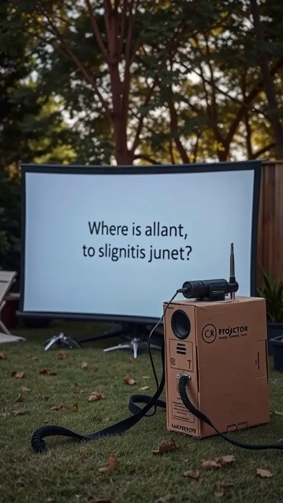 15 Creative Outdoor Movie Night Ideas for Unforgettable Evenings 10 A homemade outdoor movie projector setup with a cardboard box projector and a large screen displaying text.