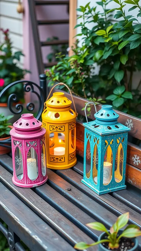 21 Creative Garden Lantern Ideas to Illuminate Your Outdoor Space 6 Colorful DIY painted lanterns in pink, yellow, and blue on a wooden bench in a garden.