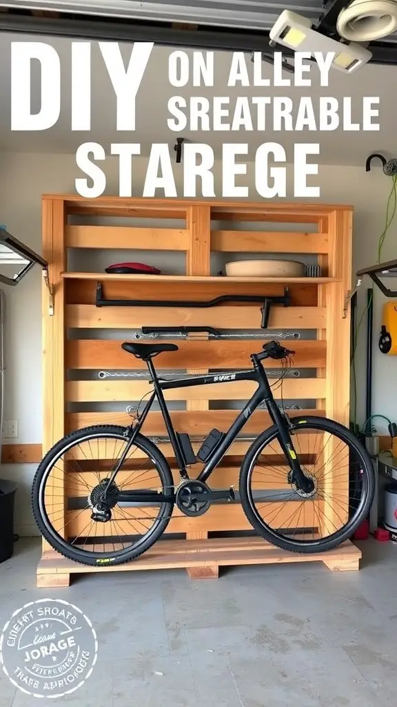21 Creative Bike Storage Ideas for Small Spaces 17 A DIY pallet bike storage solution, showcasing a wooden pallet design holding a bike in a garage setting.