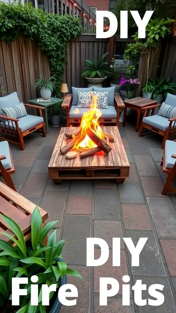 A backyard with a DIY pallet fire pit surrounded by seating and plants.