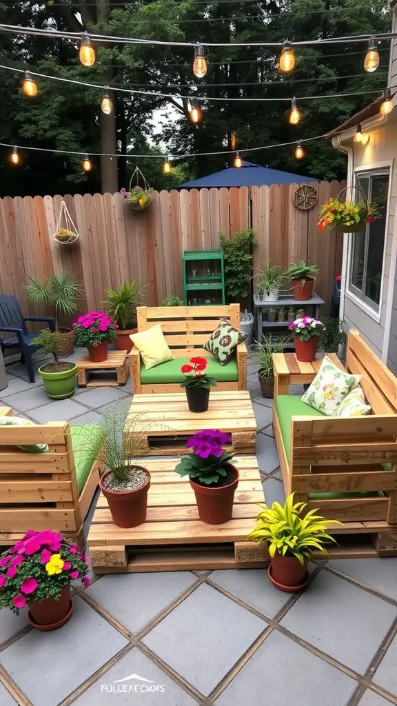 23 Affordable Backyard Patio Ideas to Transform Your Outdoor Space 5 A backyard patio with DIY pallet furniture arrangement, colorful flowers, and string lights.
