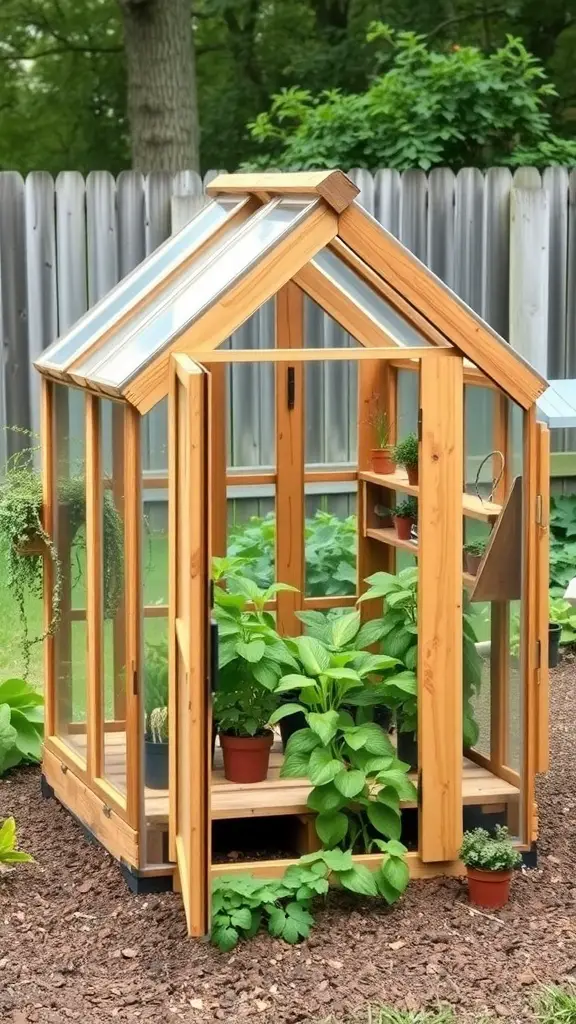 21 Creative Mini Greenhouse Ideas to Maximize Your Gardening Space 9 A wooden greenhouse with glass panels, filled with green plants and pots, set in a garden.