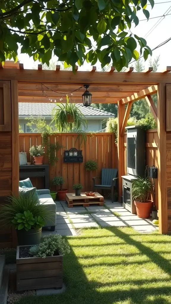 A cozy backyard with a pallet shade structure, featuring plants and comfortable seating.