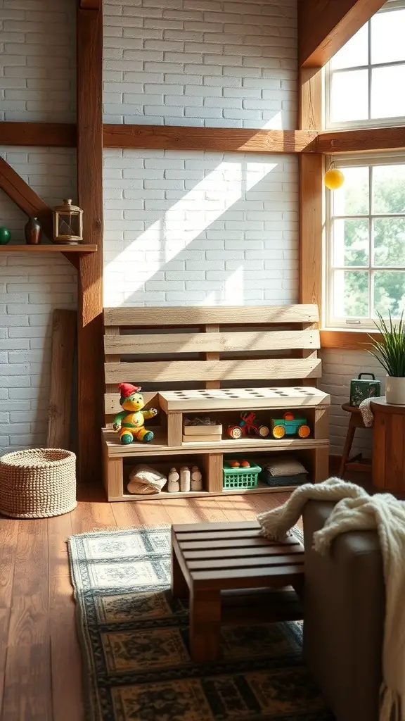 25 Creative Living Room Toy Storage Ideas for a Clutter-Free Space 17 DIY pallet toy storage unit in a cozy living room setting