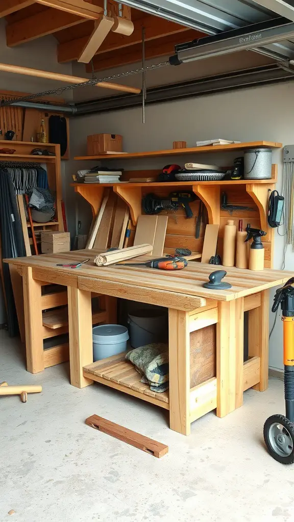 21 Creative Garage Workbench Ideas to Maximize Your Space 2 A DIY pallet wood workbench with tools and materials in a garage