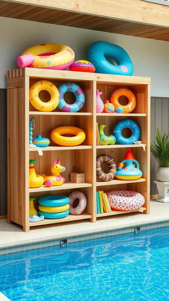 21 Creative Pool Storage Ideas You Need This Summer 8 Wooden shelving unit by the pool filled with colorful pool floats and toys