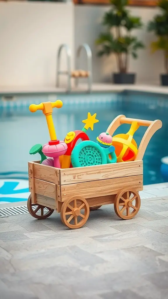 15 Creative Pool Toy Storage Ideas to Keep Your Backyard Organized 10 A wooden toy cart filled with colorful pool toys next to a swimming pool.