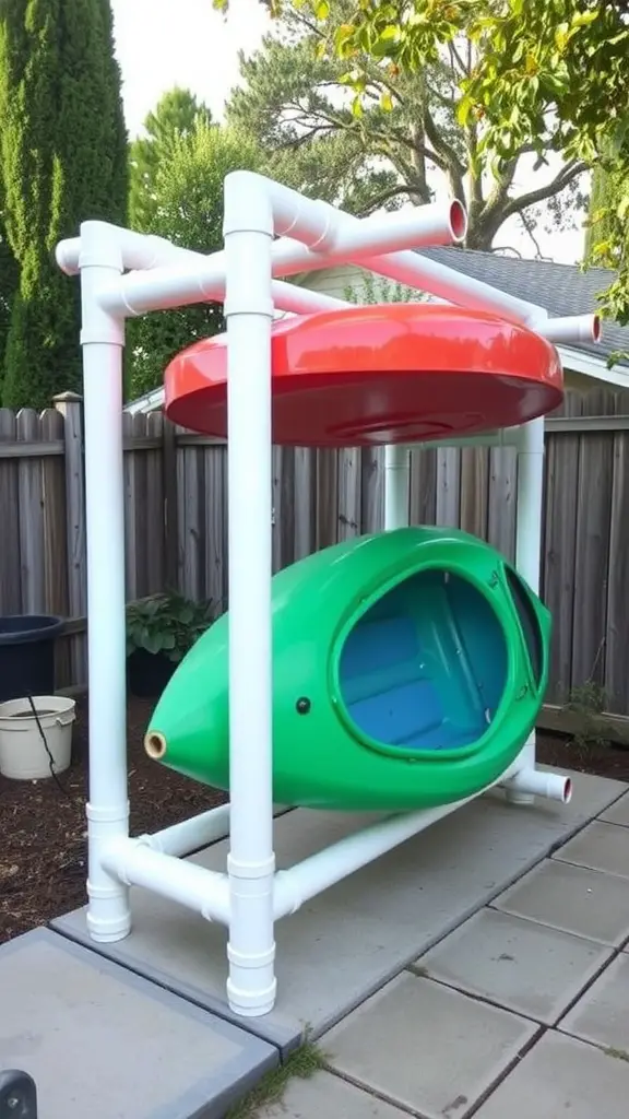 25 Creative Kayak Storage Ideas for Small Spaces 3 A DIY PVC kayak rack with a green kayak and a red circular top.