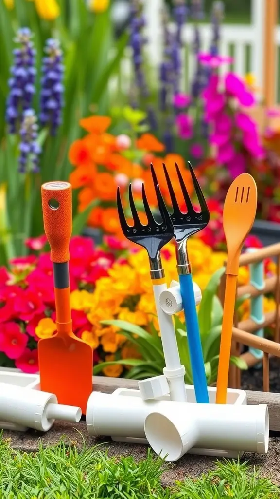 Colorful garden tools in a DIY PVC pipe holder surrounded by flowers