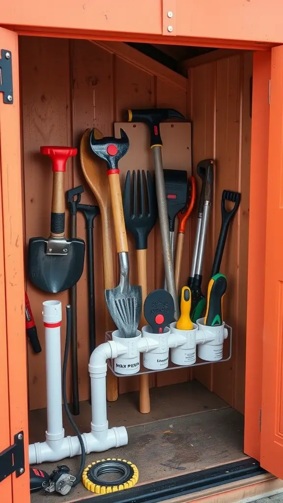 A DIY PVC pipe tool organizer mounted in a shed, holding various gardening tools like shovels and rakes.