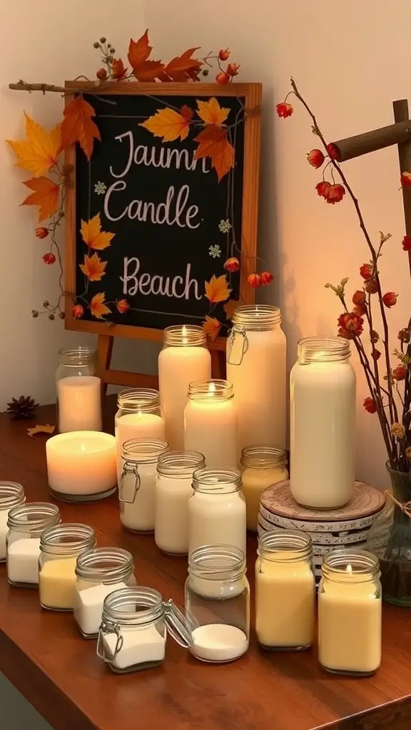A cozy DIY scented candle station decorated with autumn leaves, featuring jars of candles and a sign reading 'Jaunty Candle Beach.'
