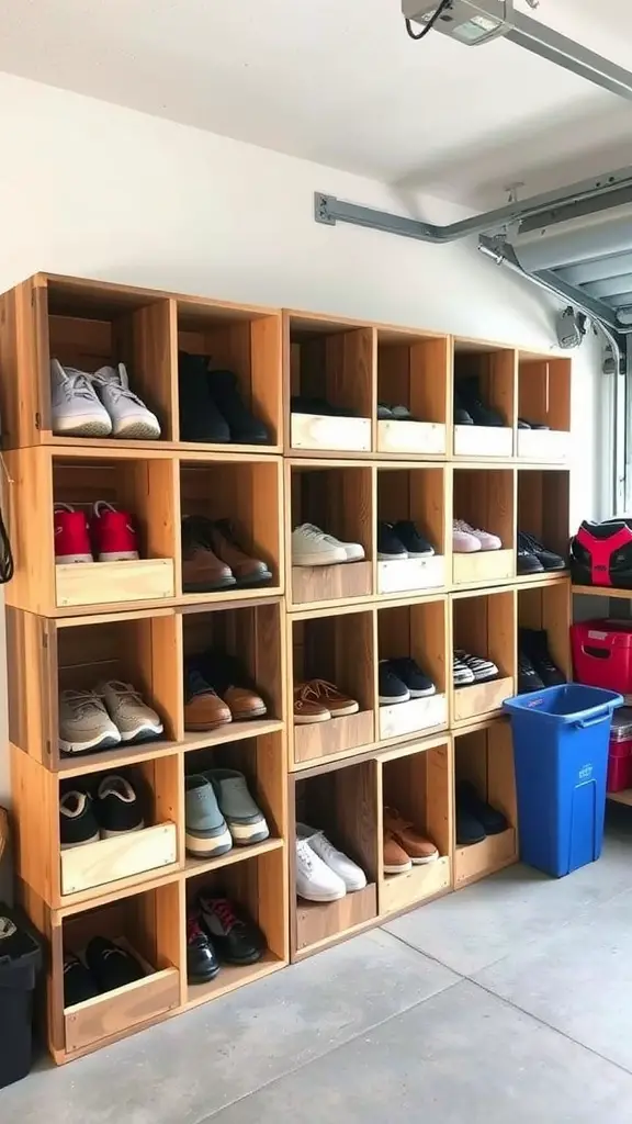 Wooden crates organized as a shoe cubby in a garage