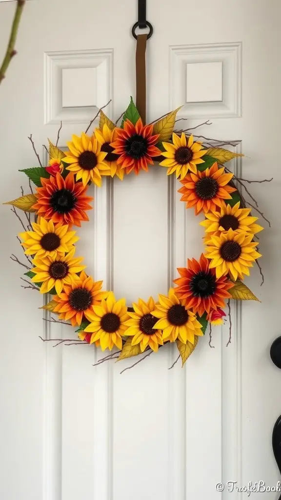 A vibrant sunflower wreath hanging on a door, featuring sunflowers, red accents, and green leaves.