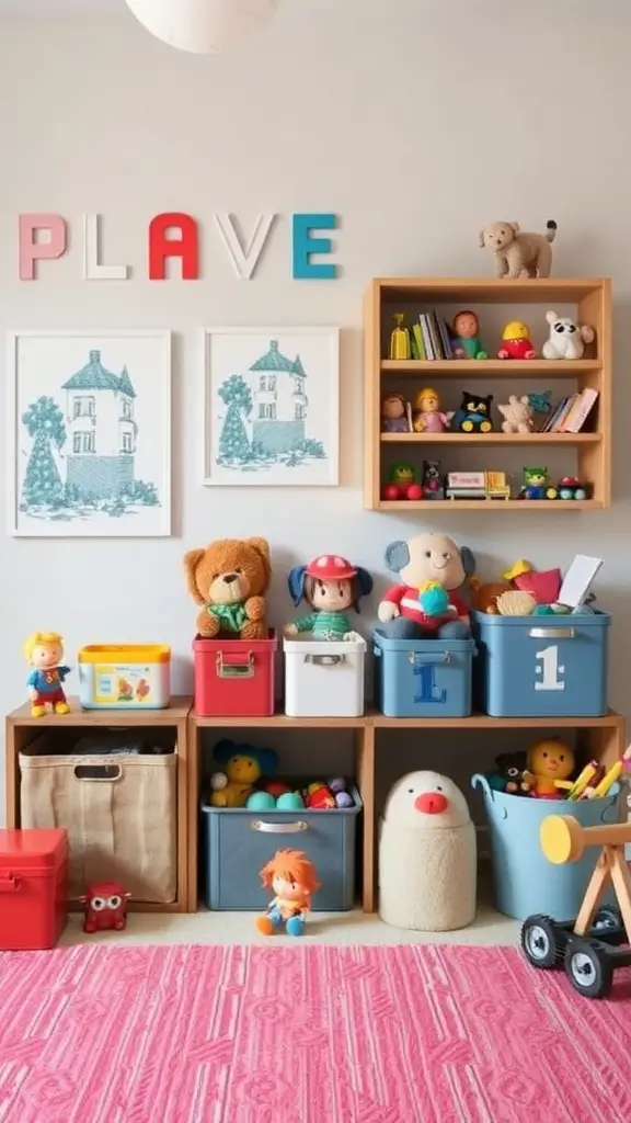 Playroom with colorful toy storage solutions and playful decorations