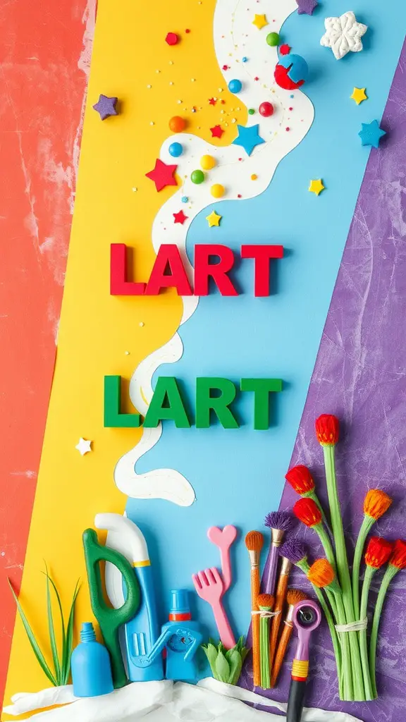 Colorful DIY wall art supplies including foam letters, craft tools, and decorative items on a vibrant background.