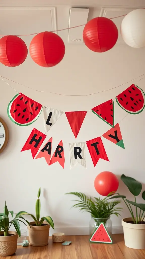 17 Creative Watermelon Baby Shower Ideas You’ll Love 12 A colorful DIY watermelon banner with red and green flags spelling out 'L HARRY' and red lanterns in the background.