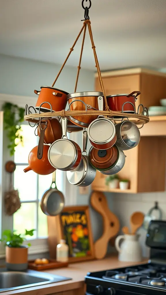 27 Whimsical Kitchen Ideas to Transform Your Cooking Space 17 Whimsical pot rack hanging from the ceiling with colorful pots and pans