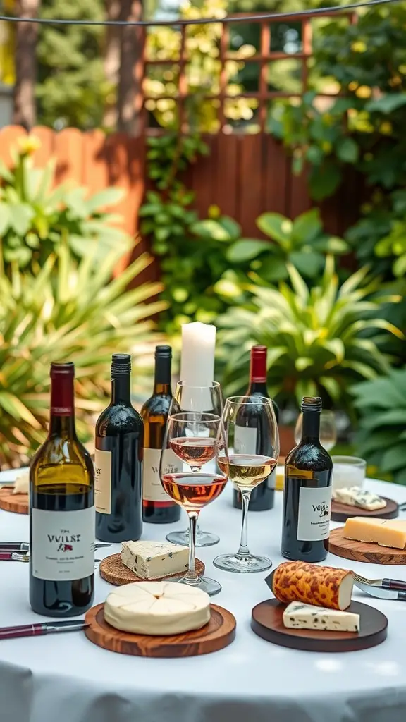 A backyard wine tasting setup with bottles of wine, glasses, and assorted cheeses on a table.