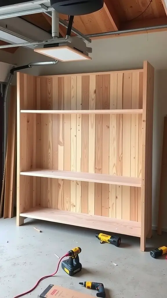 DIY wooden shelving unit in a garage space, showcasing three shelves and tools on the floor
