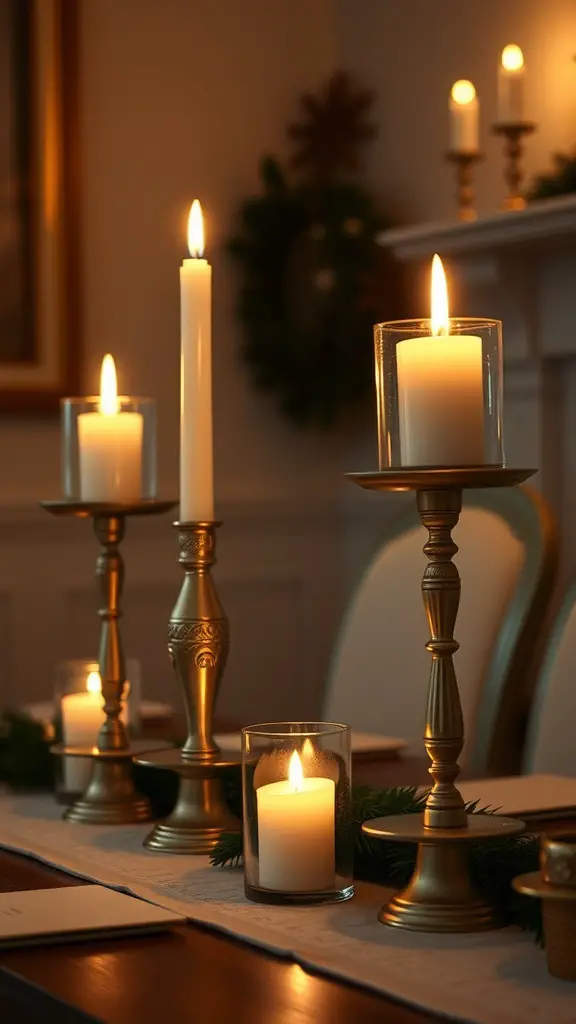 Elegant candle holders on a dining table with lit candles and greenery.