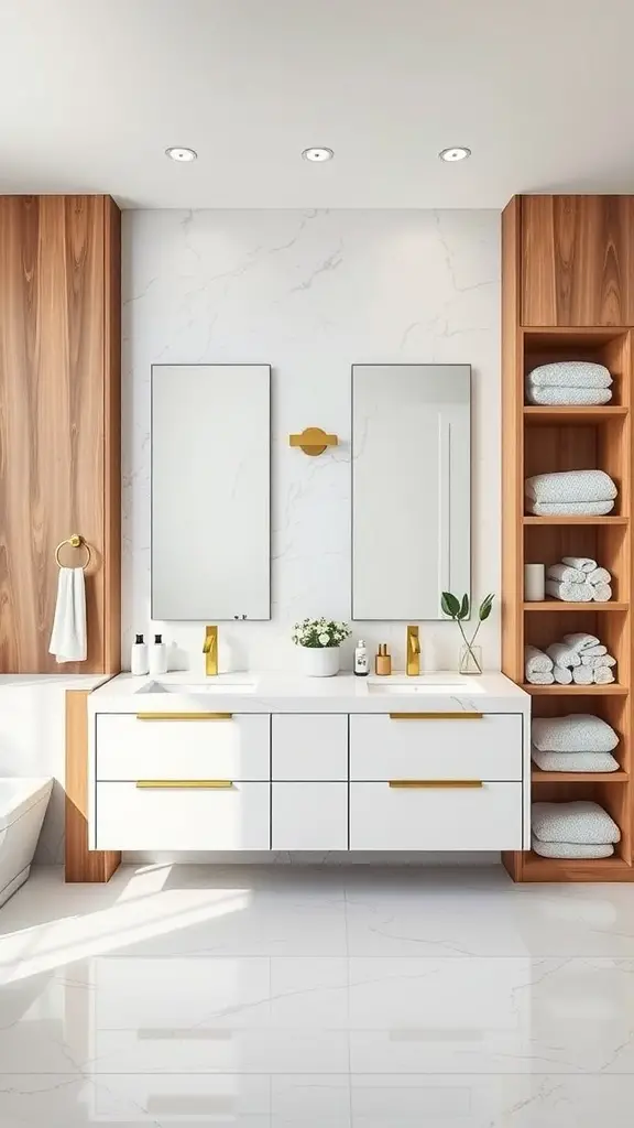 A modern bathroom featuring a double vanity with gold accents, two mirrors, and ample storage.