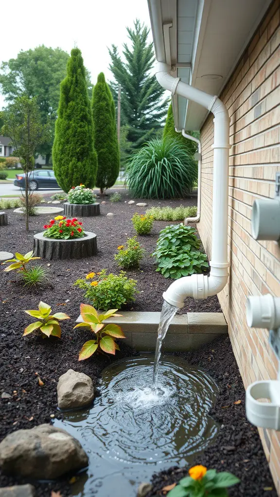 25 Creative Yard Drainage Ideas to Transform Your Outdoor Space 12 A downspout drainage system directing water into a small pond surrounded by flowers and plants.