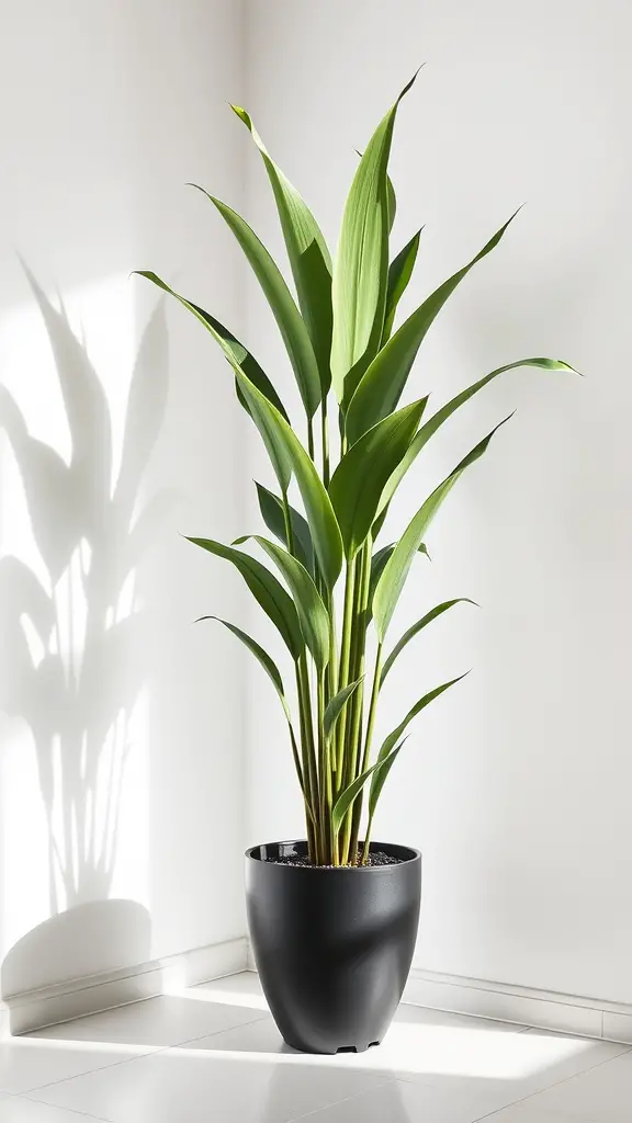 Lush Dracaena plant in a black pot with long green leaves