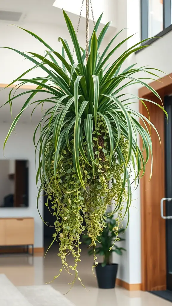 15 Stunning Indoor Hanging Plants to Transform Your Space 14 A tall dracaena plant in a hanging basket with long, arching leaves.