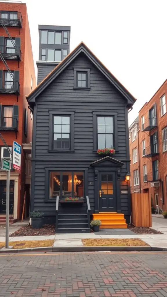 19 Beautiful Exterior House Colors to Transform Your Home 13 A black house with bright orange steps and flower boxes, showcasing a modern yet welcoming design.