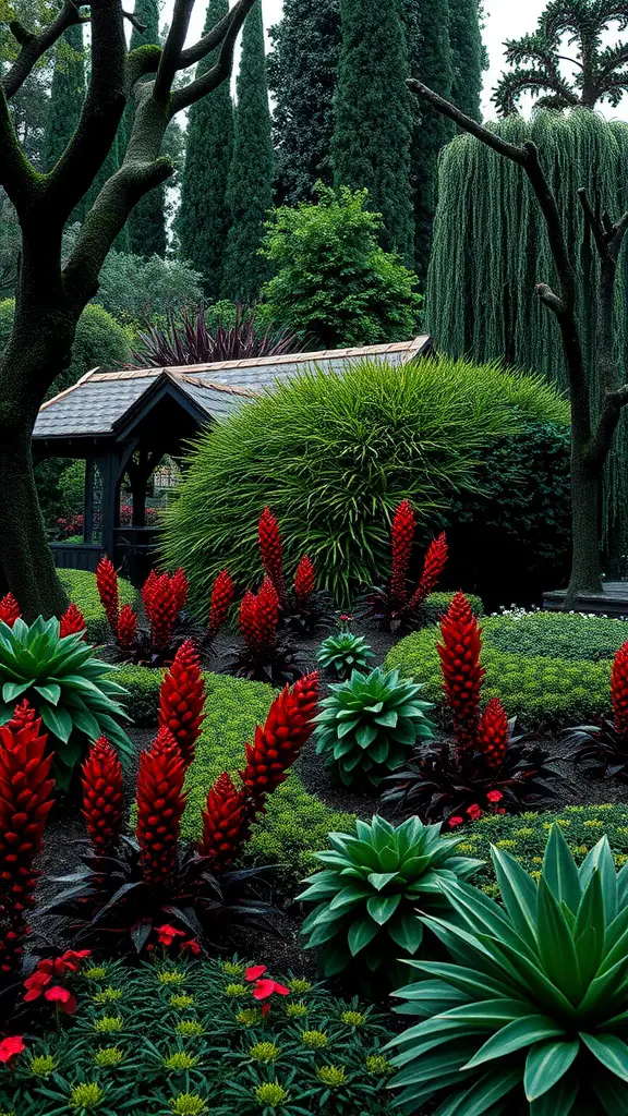 A gothic garden featuring dark green plants and bright red flowers contrasting vividly.