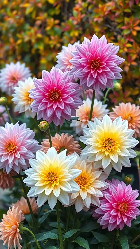 23 Stunning Fall Flower Garden Ideas to Transform Your Outdoor Space 10 A colorful arrangement of dahlia flowers in shades of pink, yellow, and peach.